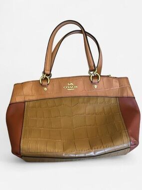 VINTAGE COACH Two-Tone Croc- Embossed Leather Tote in Tan and Brown